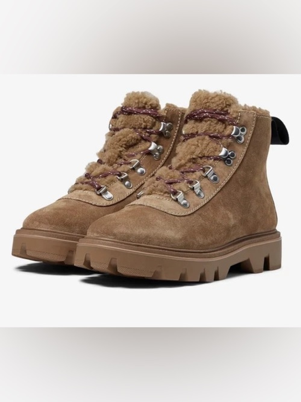 rag & bone Tan Suede Shearling-Trim Lug Boots